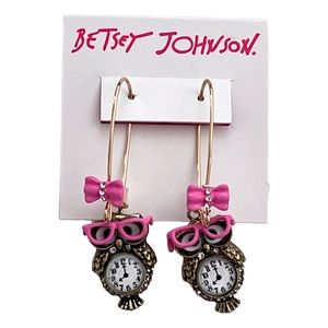 Betsey Johnson Back To School Owl Dangle Earrings Gold Pink